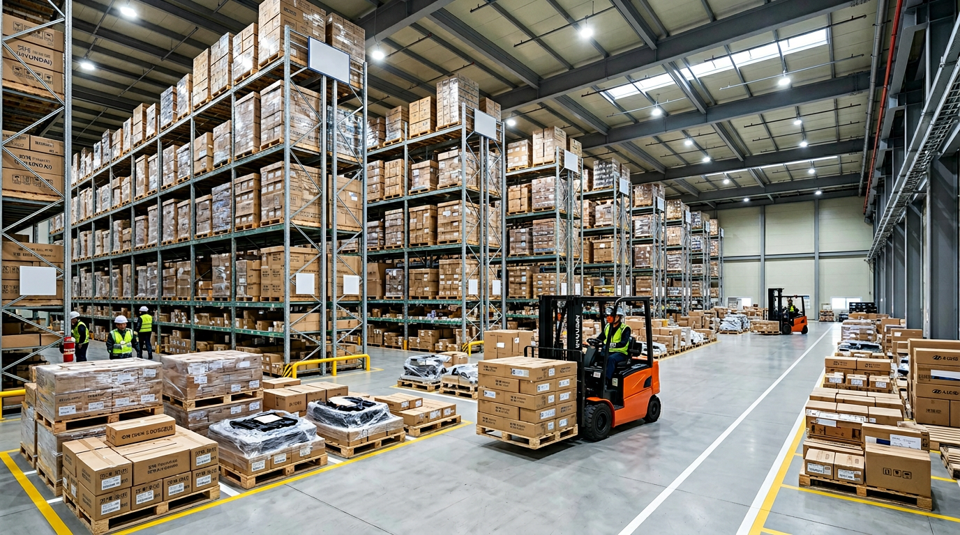 Modern South Korean automotive parts warehouse and distribution center – wholesale procurement, consolidation, and managed export for Hyundai, Kia, Genesis parts